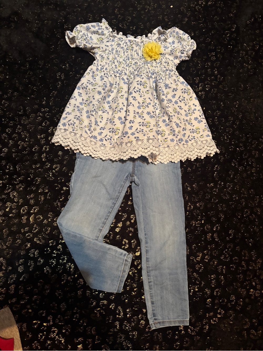 Girls Floral Smocked Top with Light Wash Jeans - Blue & White - Picture 1 of 6